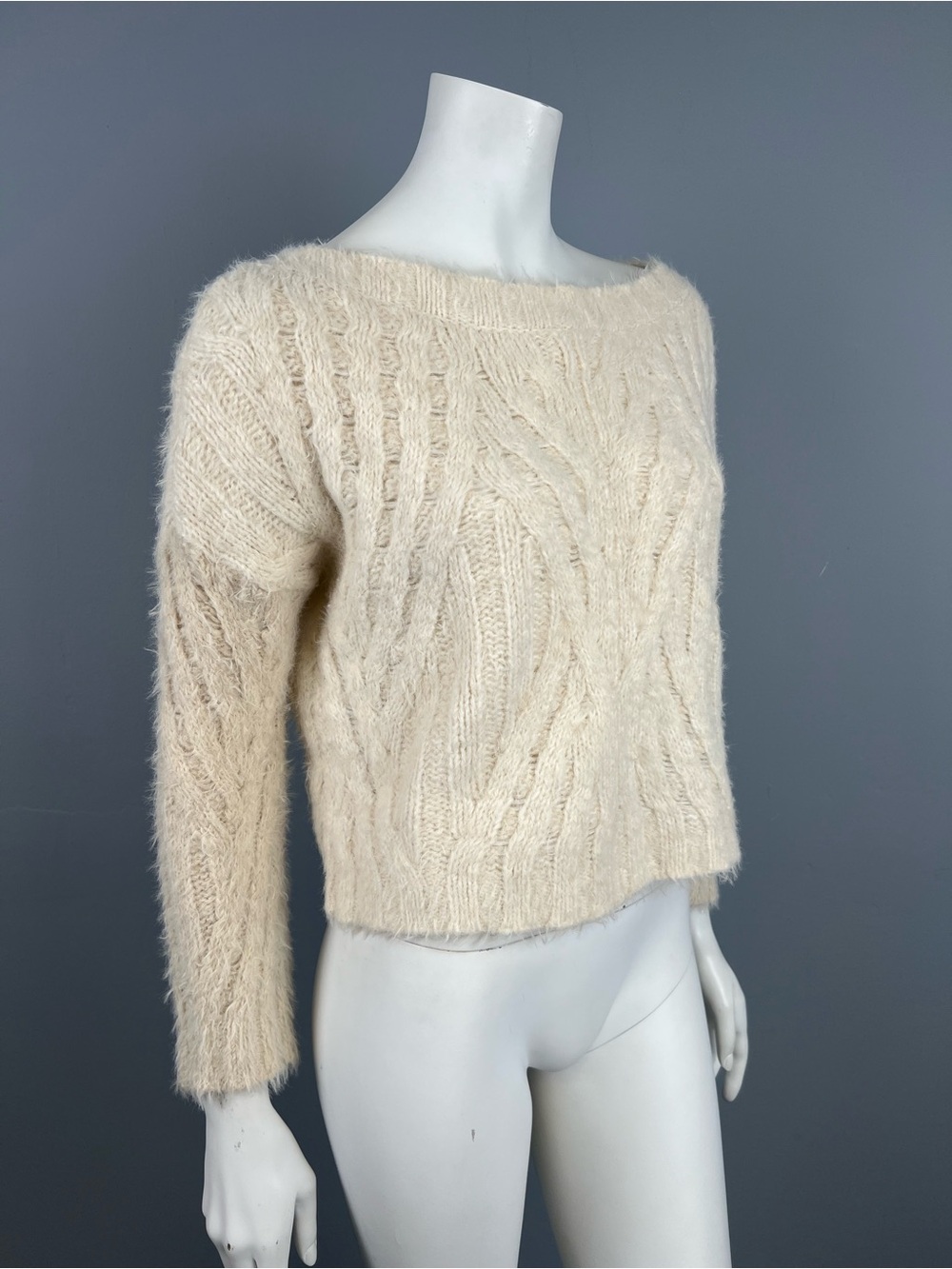 Anthropologie Cozy Cream Cropped Cable-Knit Fuzzy Sweater
